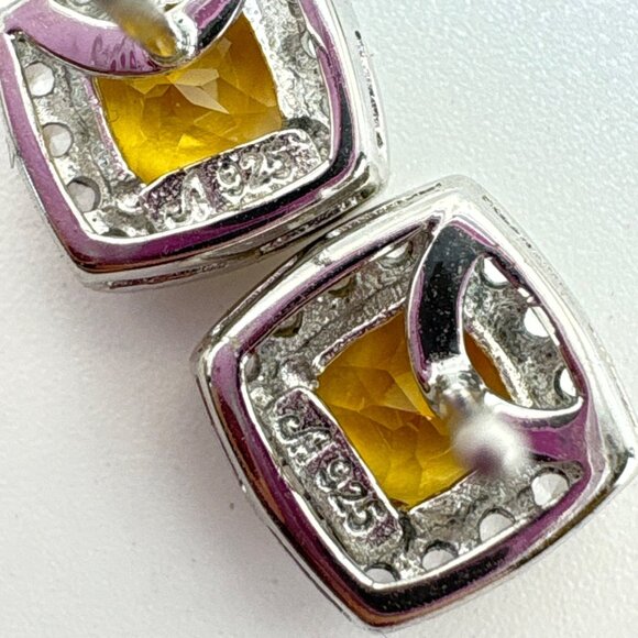 VTG Sterling Silver 925 Lemon Yellow Quartz CZ Halo Stud Earrings Size 8x8 mm - Picture 9 of 13